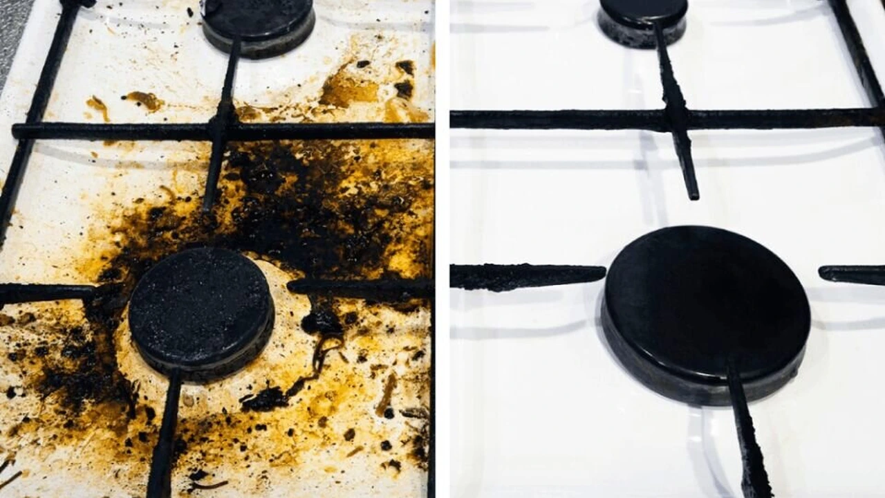 Merchant demonstration showing a side-by-side comparison of a residue-covered gas stovetop on the left and a clean stovetop on the right